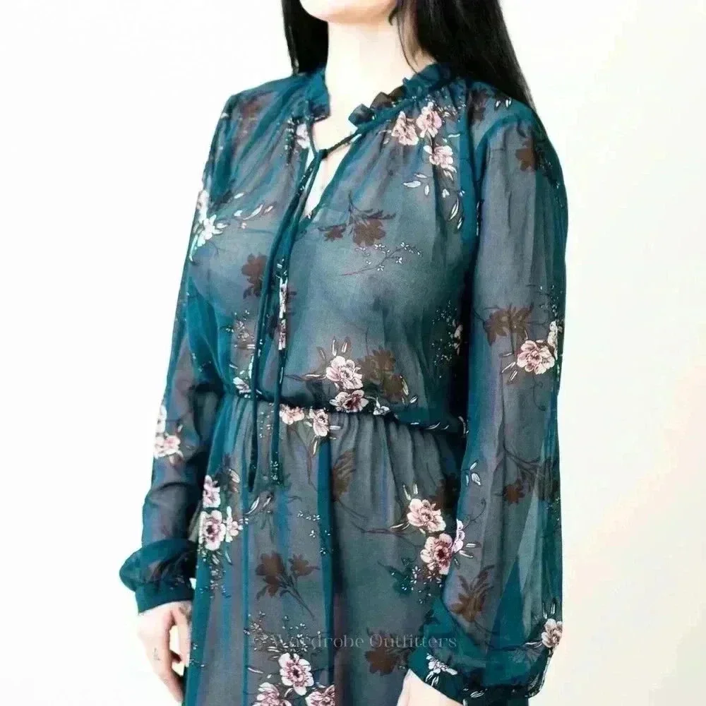 Lulus Newell Teal Green Sheer Floral Print Midi Dress - L - Picture 2 of 8